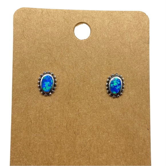 Blue Fire Opal Stud Earrings Solid Sterling Silver 925 Dainty Stone Boho Jewelry - Picture 6 of 7
